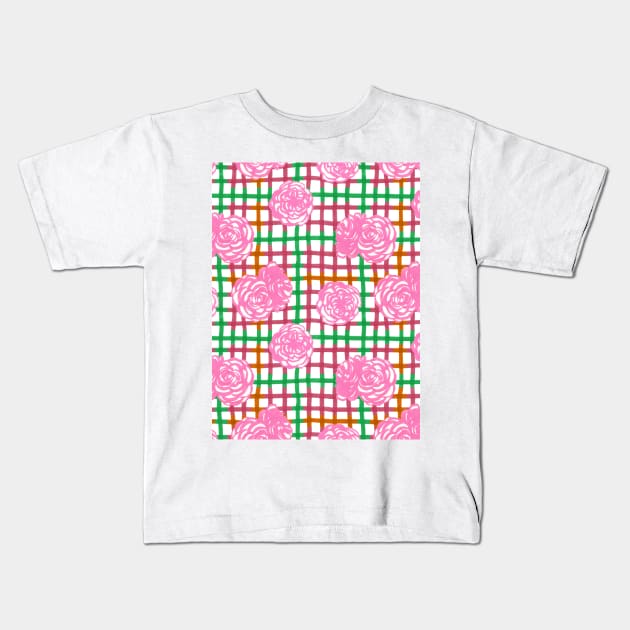 Roses on Plaid Pattern - Green, Pink Kids T-Shirt by MitaDreamDesign